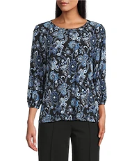 Jones New York Paisley Crew Neck 3/4 Puff Sleeve Top