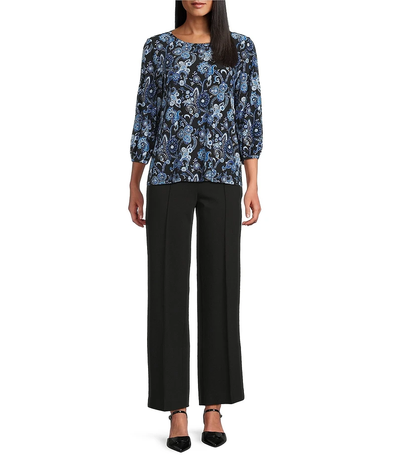 Jones New York Paisley Crew Neck 3/4 Puff Sleeve Top
