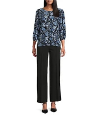 Jones New York Paisley Crew Neck 3/4 Puff Sleeve Top