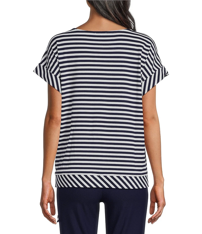 Jones New York Pique Stripe Boat Neck Short Dolman Sleeve Side Tie Tee