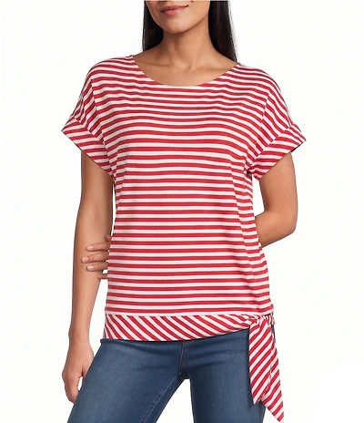 Jones New York Pique Stripe Boat Neck Short Dolman Sleeve Side Tie Tee