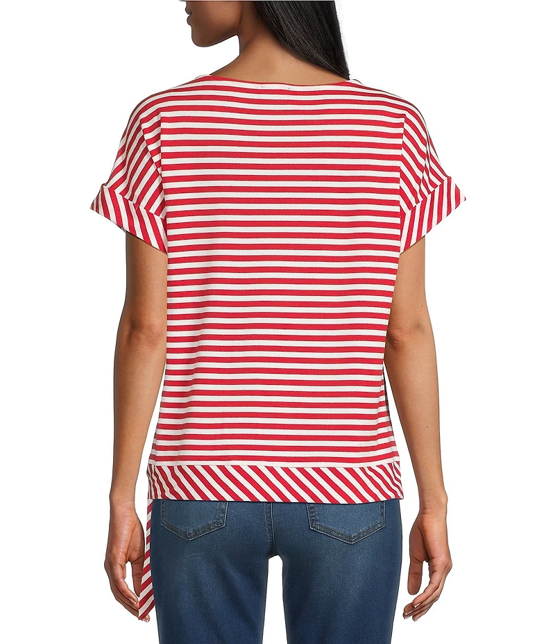 Jones New York Pique Stripe Boat Neck Short Dolman Sleeve Side Tie Tee