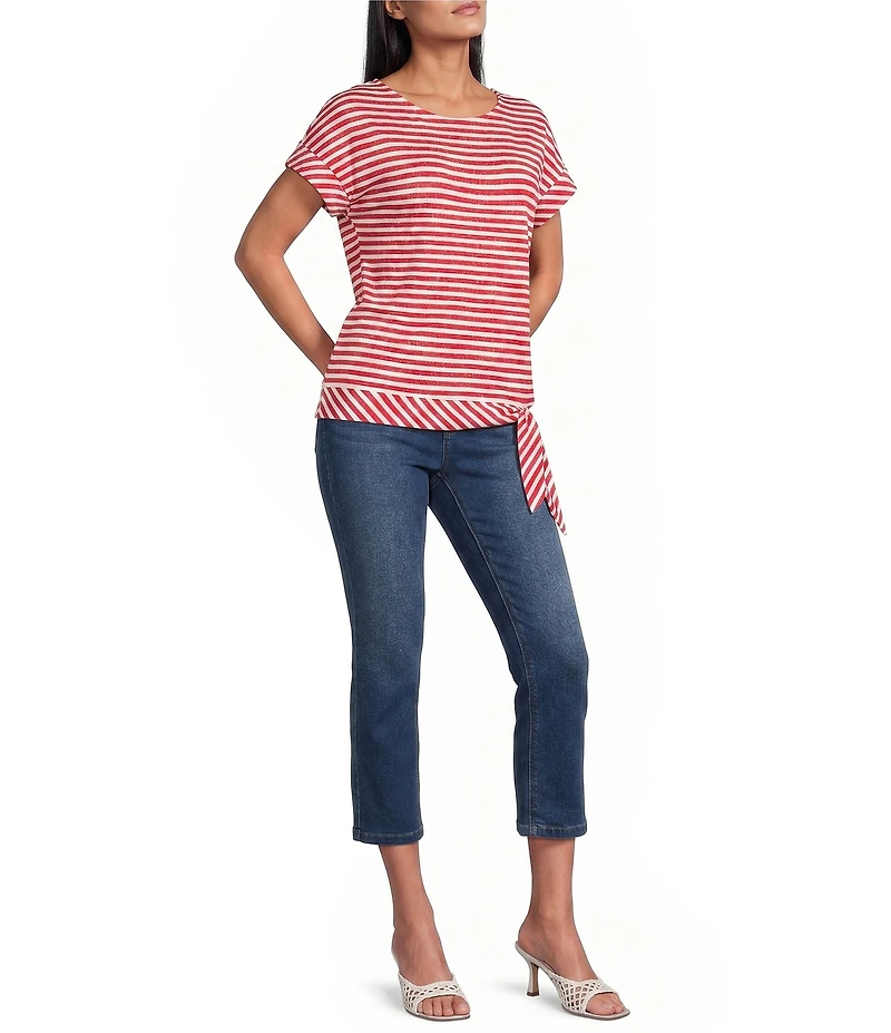 Jones New York Pique Stripe Boat Neck Short Dolman Sleeve Side Tie Tee