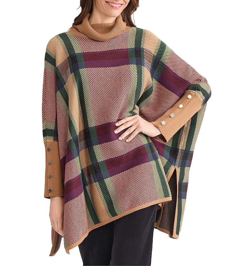 Jones New York Plaid Funnel Neck Long Sleeve Cape