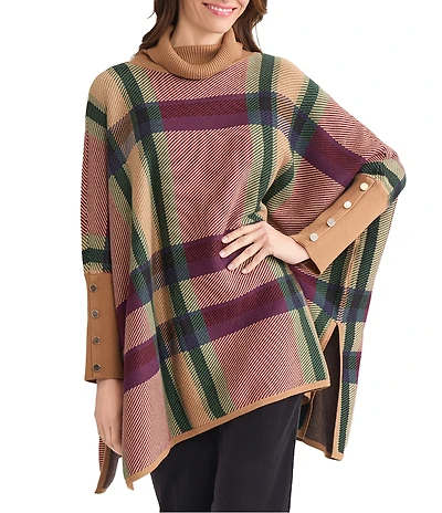 Jones New York Plaid Funnel Neck Long Sleeve Cape