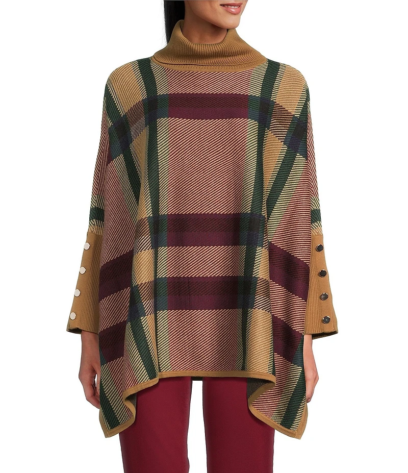 Jones New York Plaid Funnel Neck Long Sleeve Cape