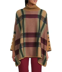 Jones New York Plaid Funnel Neck Long Sleeve Cape