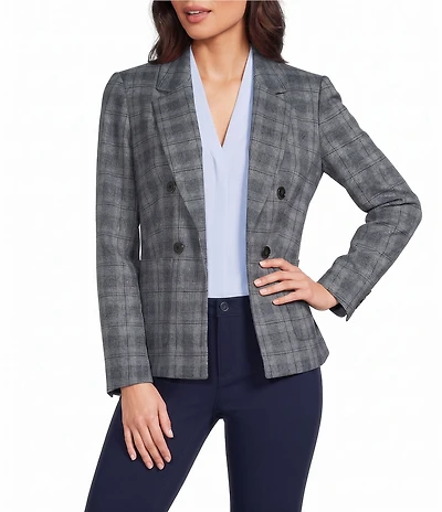 Jones New York Plaid Notch Collar Long Sleeve Faux Double Breast Open Front Jacket