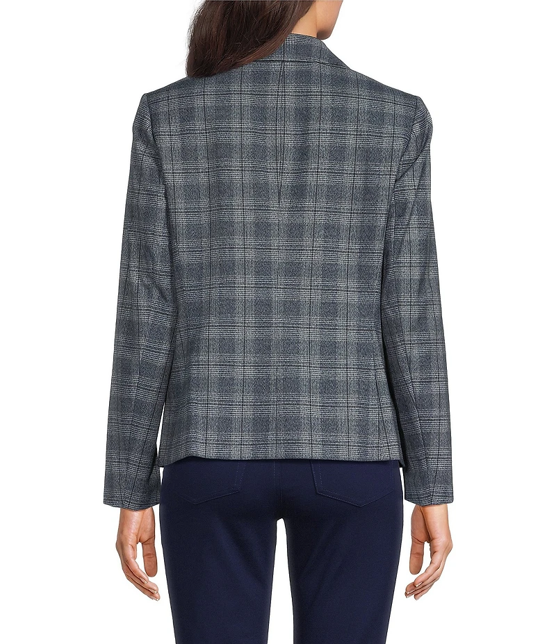 Jones New York Plaid Notch Collar Long Sleeve Faux Double Breast Open Front Jacket