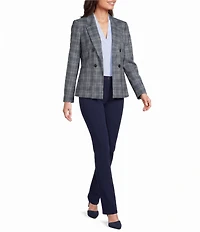 Jones New York Plaid Notch Collar Long Sleeve Faux Double Breast Open Front Jacket
