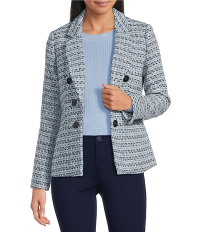 Jones New York Plaid Tweed Notch Lapel Faux Double Breasted Jacket