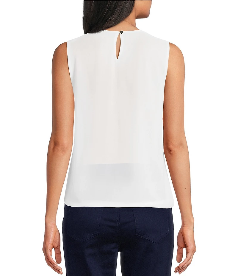 Jones New York Pleated Chiffon Crew Neck Sleeveless Blouse