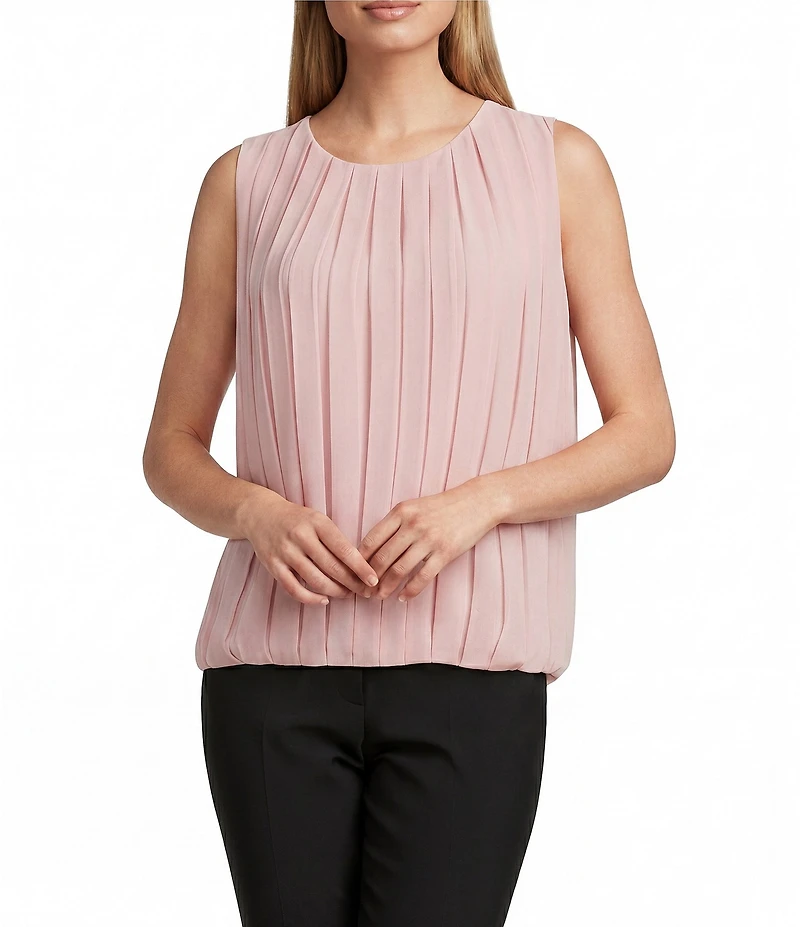 Jones New York Pleated Chiffon Crew Neck Sleeveless Blouse