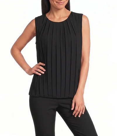 Jones New York Pleated Chiffon Crew Neck Sleeveless Blouse