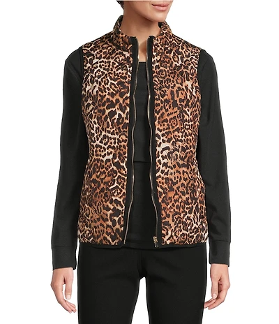 Jones New York Quilted Contrast Piping Funnel Neck Sleeveless Zip Front Vest
