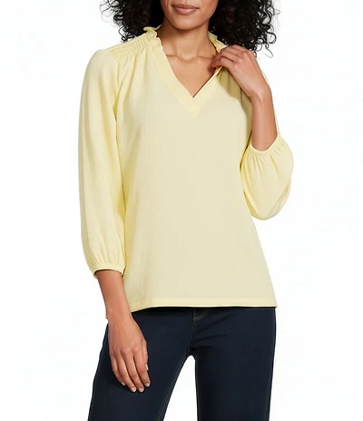 Jones New York Seabreeze Crinkle V-Neck Smocked Shoulder Long Sleeve Top