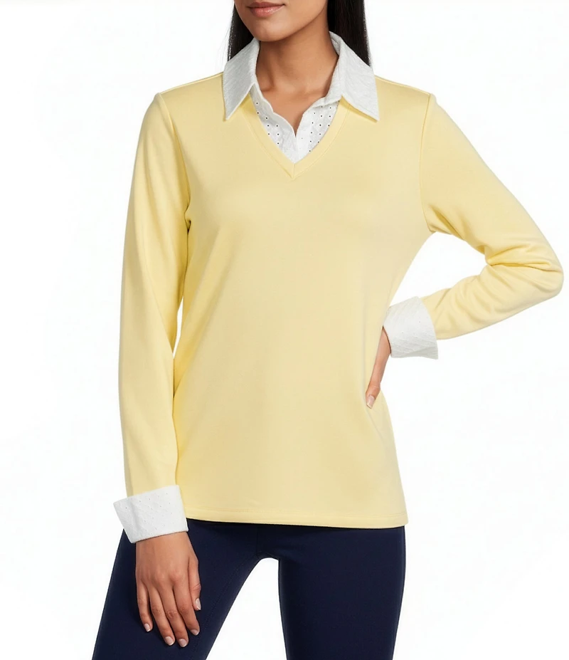 Jones New York Serenity Knit Twofer Eyelet Trim Point Collar Long Sleeve Shirt