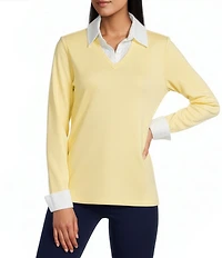 Jones New York Serenity Knit Twofer Eyelet Trim Point Collar Long Sleeve Shirt