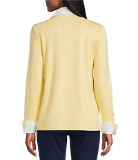 Jones New York Serenity Knit Twofer Eyelet Trim Point Collar Long Sleeve Shirt