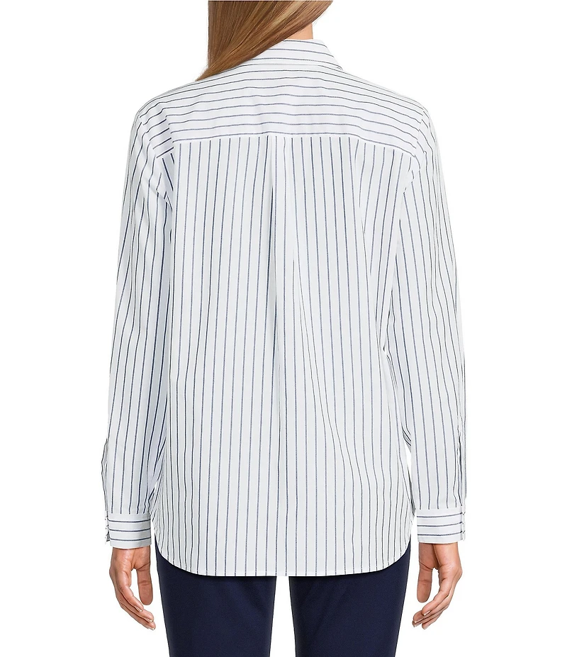 Jones New York Side Button Yarn Dyed Striped Poplin Point Collar Long Sleeve Button-Front Shirt