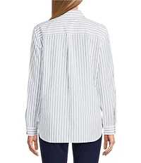 Jones New York Side Button Yarn Dyed Striped Poplin Point Collar Long Sleeve Button-Front Shirt