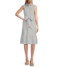 Jones New York Sleeveless Point Collar Tie Front Midi Shirt Dress