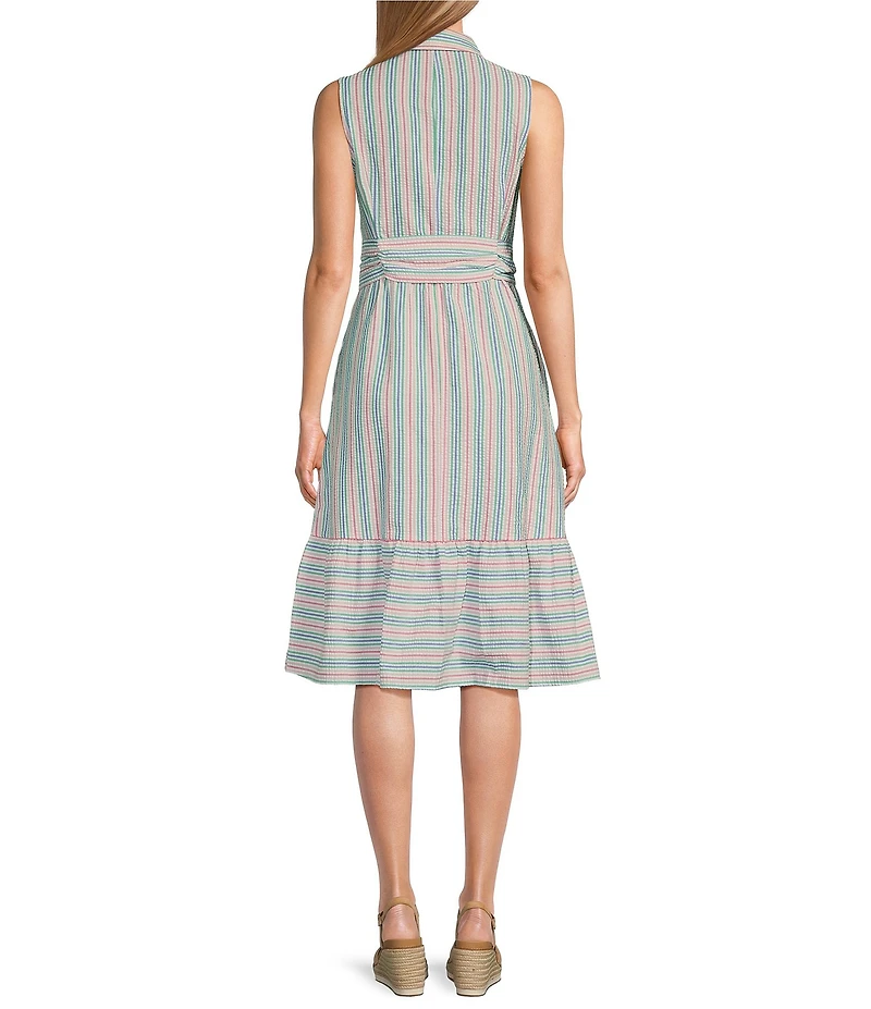 Jones New York Sleeveless Point Collar Tie Front Midi Shirt Dress