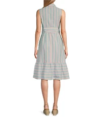 Jones New York Sleeveless Point Collar Tie Front Midi Shirt Dress