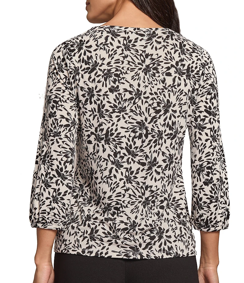 Jones New York Stretch Crepe Printed Crew Neckline 3/4 Sleeve Blouse