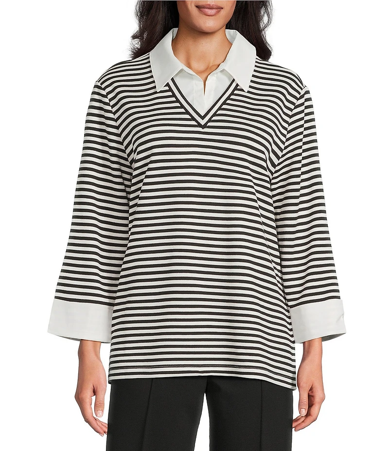 Jones New York Stripe Pique Point Collar Long Sleeve Twofer Top