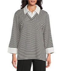 Jones New York Stripe Pique Point Collar Long Sleeve Twofer Top