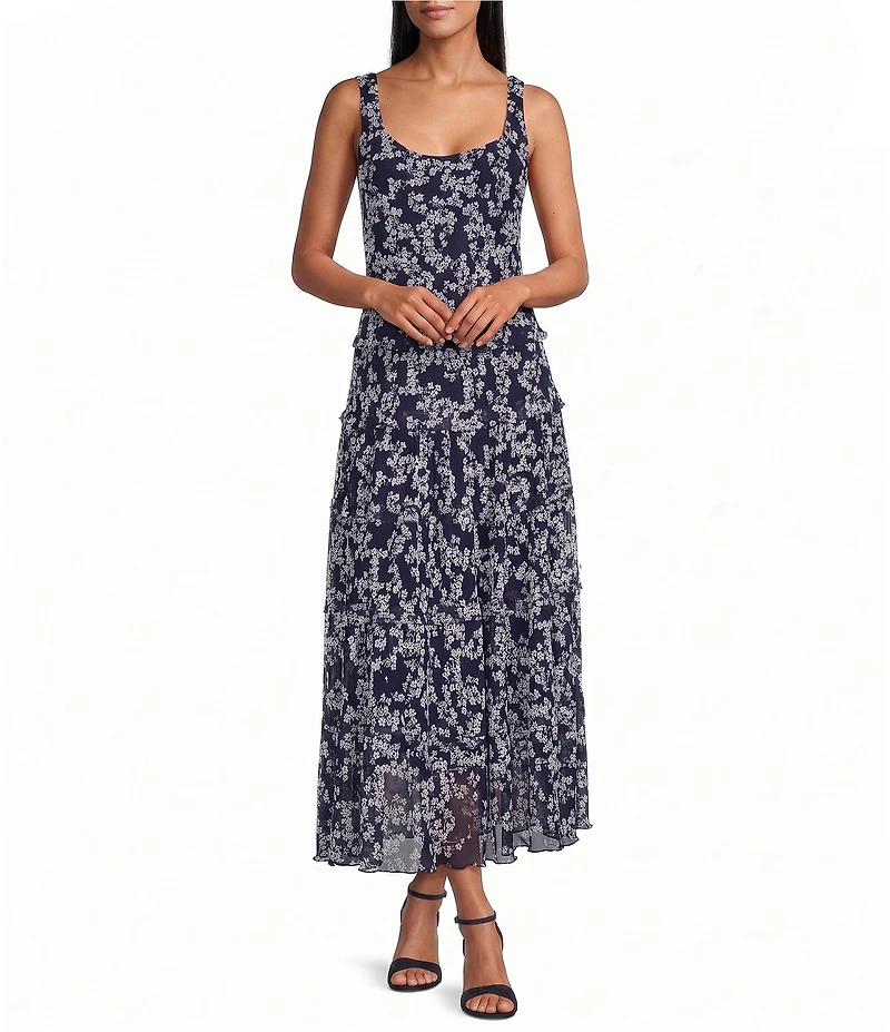 Jones New York Textured Chiffon Printed Scoop Neck Sleeveless Multi Tiered Maxi Dress