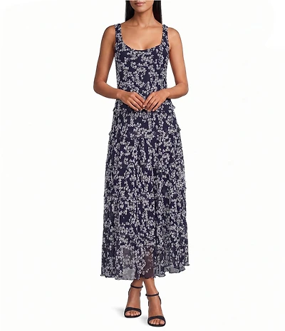 Jones New York Textured Chiffon Printed Scoop Neck Sleeveless Multi Tiered Maxi Dress