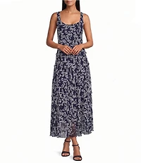 Jones New York Textured Chiffon Printed Scoop Neck Sleeveless Multi Tiered Maxi Dress