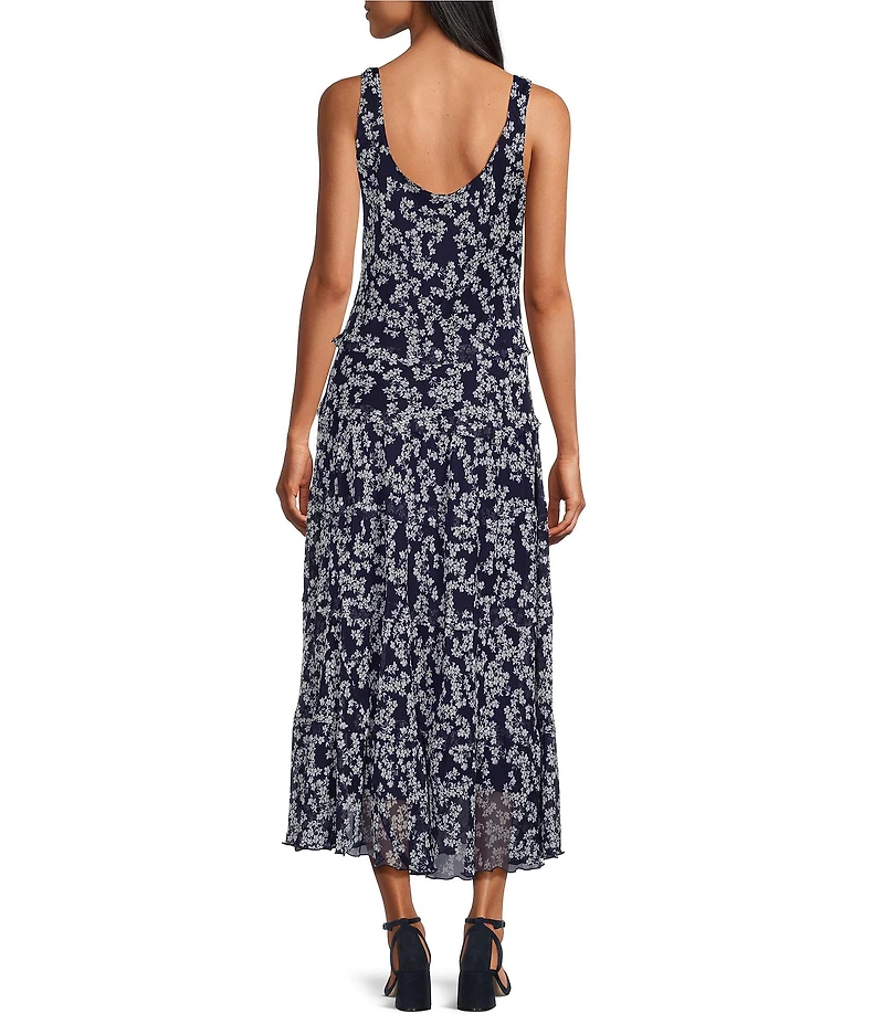 Jones New York Textured Chiffon Printed Scoop Neck Sleeveless Multi Tiered Maxi Dress