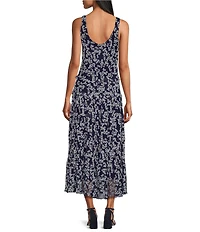 Jones New York Textured Chiffon Printed Scoop Neck Sleeveless Multi Tiered Maxi Dress