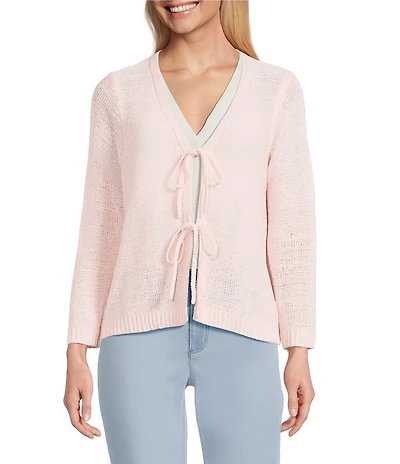 Jones New York Tie Front V-Neck 3/4 Sleeve Cardigan