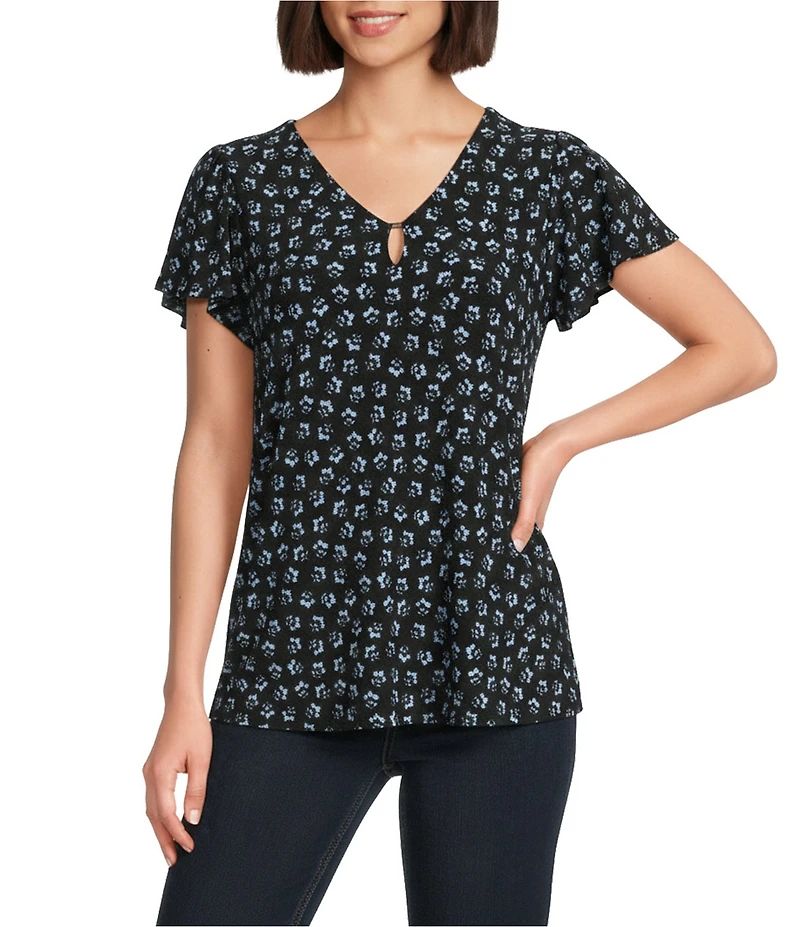 Jones New York V-Neck Short Flutter Sleeve Tube Trim Top