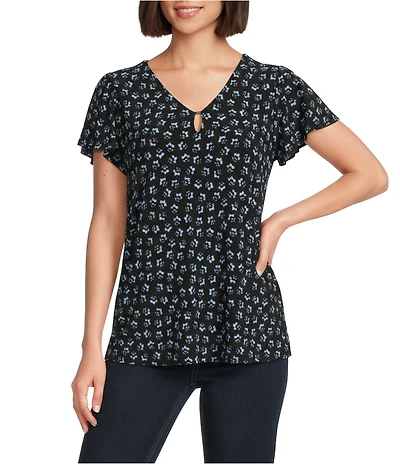 Jones New York V-Neck Short Flutter Sleeve Tube Trim Top