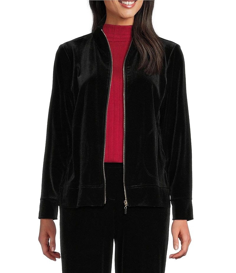 Jones New York Velour Mock Neck Long Sleeve Zip Front Jacket