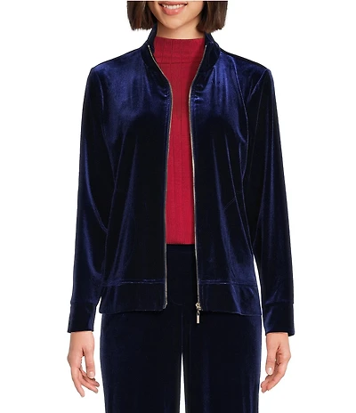 Jones New York Velour Mock Neck Long Sleeve Zip Front Jacket