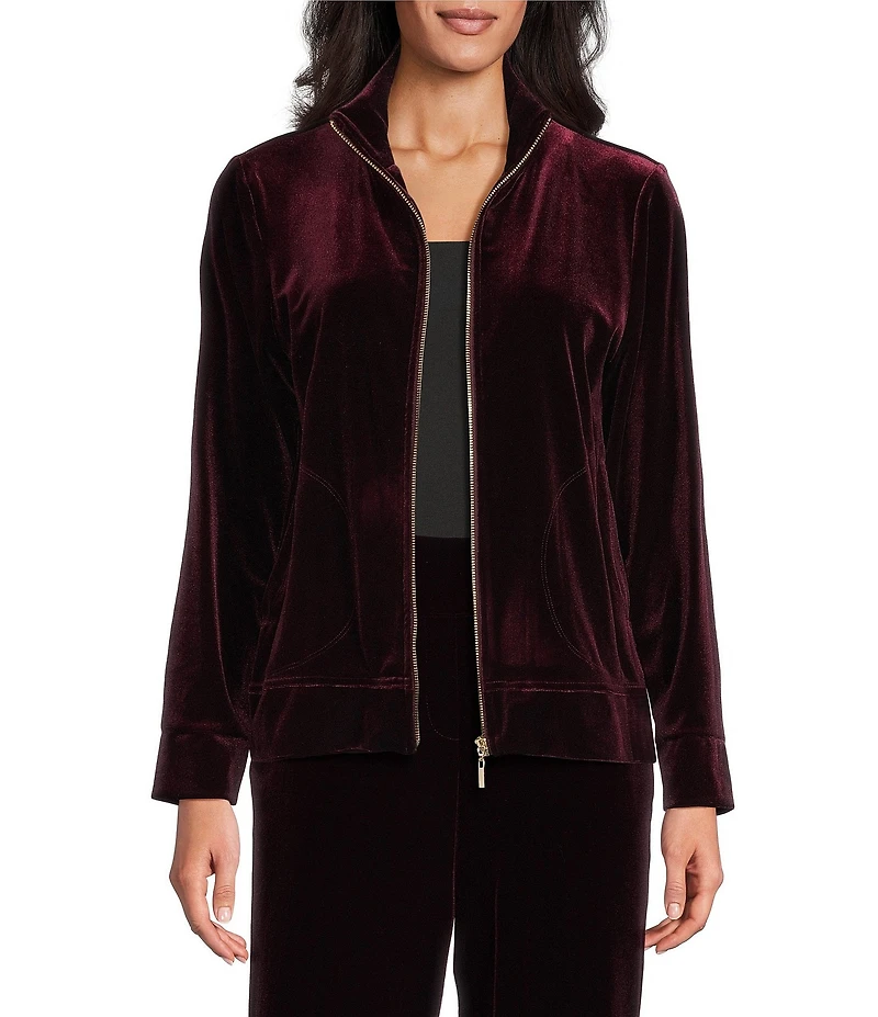 Jones New York Velour Mock Neck Long Sleeve Zip Front Jacket