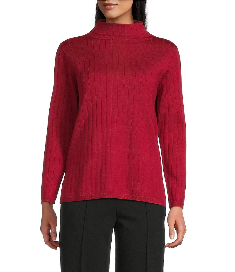 Jones New York Wide Ribbed Knit Funnel Neck Long Sleeve Top