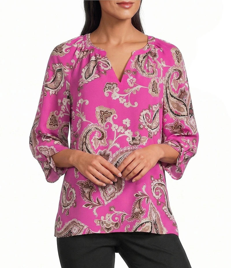 Jones New York Woven Crepe Print V-Neck Tie Short Sleeve Top