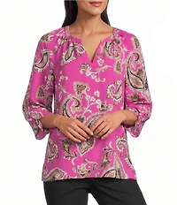 Jones New York Woven Crepe Print V-Neck Tie Short Sleeve Top
