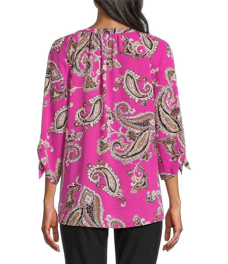 Jones New York Woven Crepe Print V-Neck Tie Short Sleeve Top
