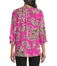 Jones New York Woven Crepe Print V-Neck Tie Short Sleeve Top
