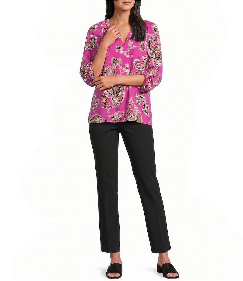 Jones New York Woven Crepe Print V-Neck Tie Short Sleeve Top
