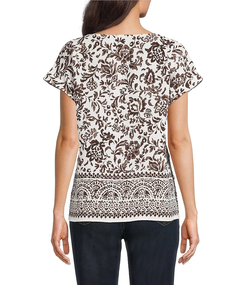Jones New York Woven Crepe Printed Boat Neck Short Sleeve Top