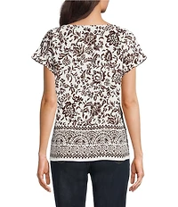 Jones New York Woven Crepe Printed Boat Neck Short Sleeve Top